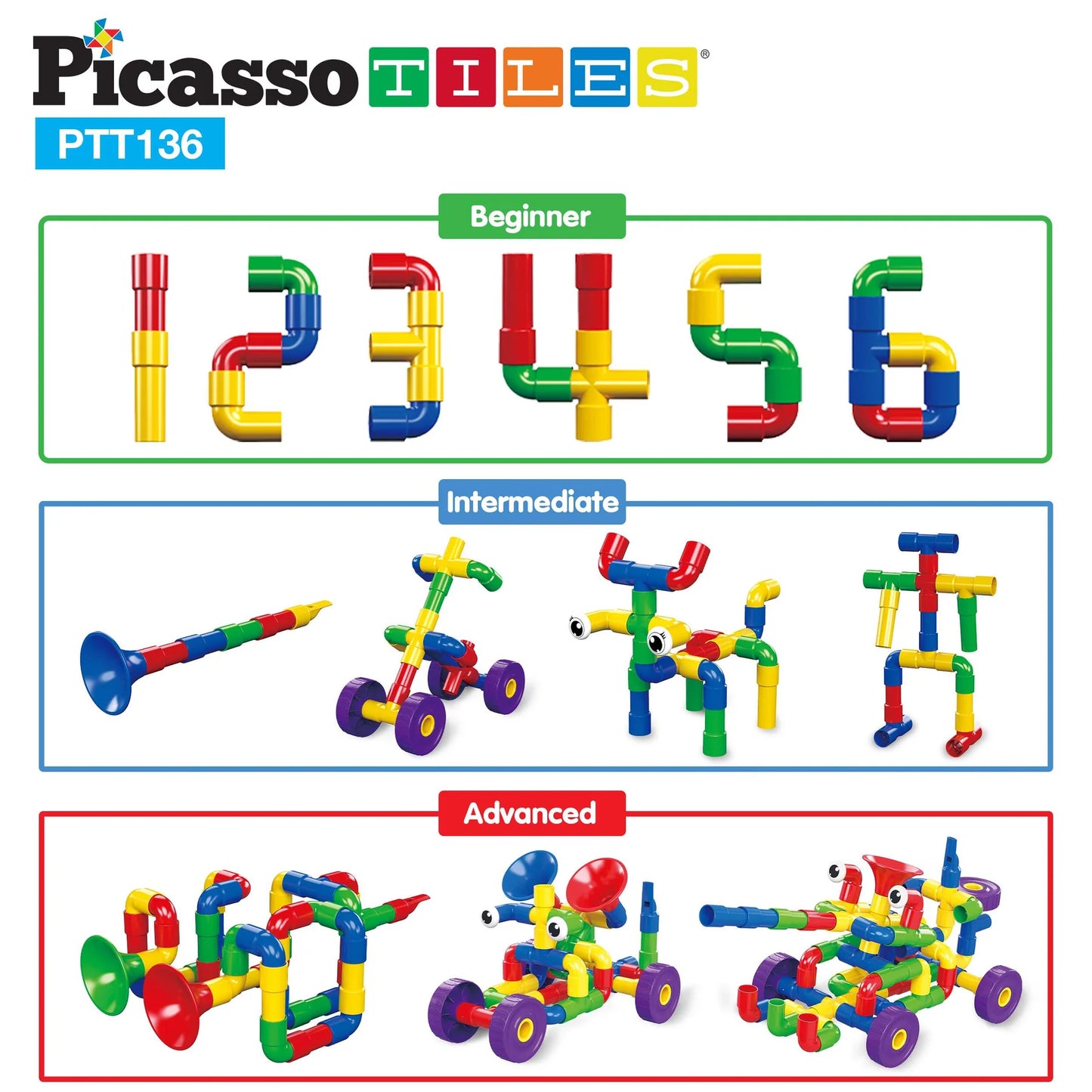 PicassoTiles PTT136 - Conjunto de 136 Peças para Construção e Desenvolvimento Infantil com Elementos Musicais