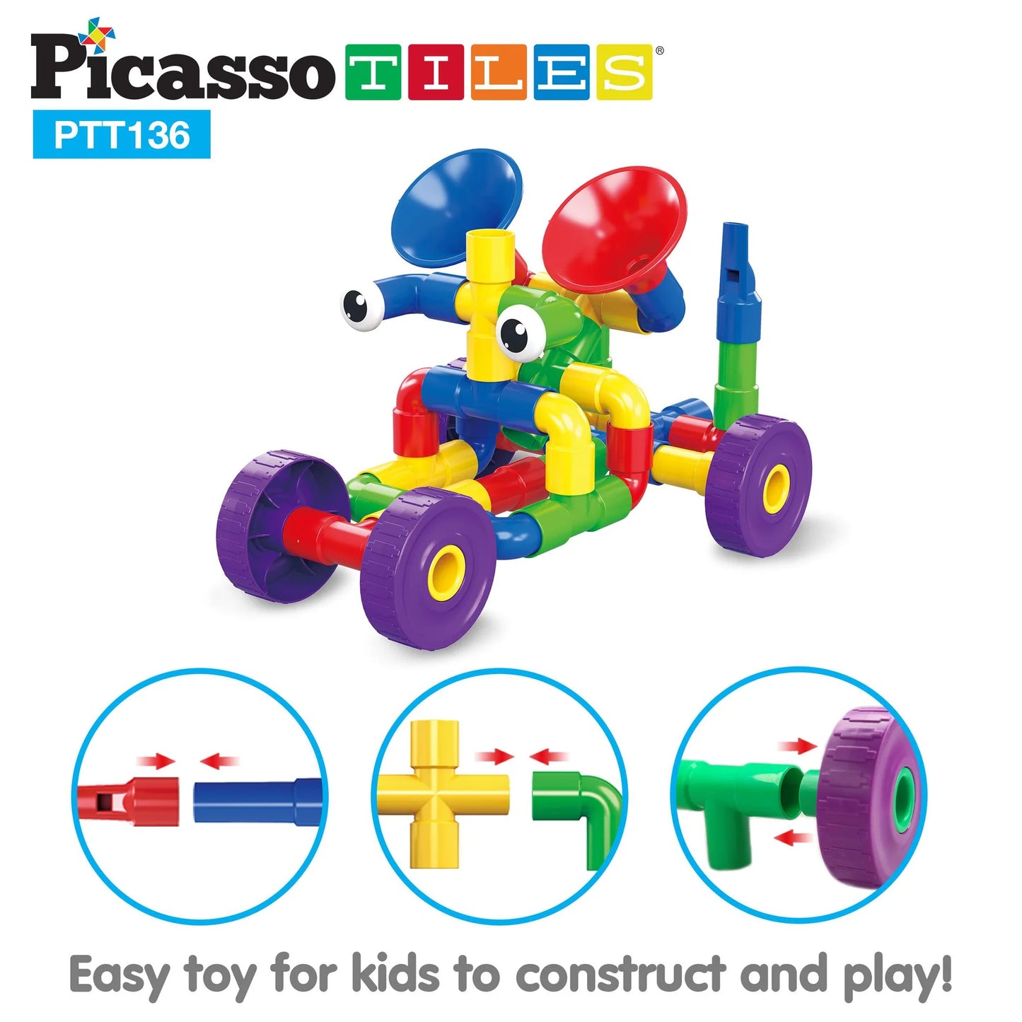 PicassoTiles PTT136 - Conjunto de 136 Peças para Construção e Desenvolvimento Infantil com Elementos Musicais