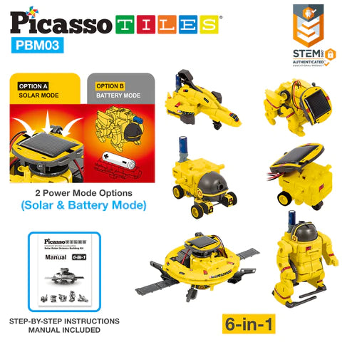 PicassoTiles 6-in-1 STEM Kids | Robô Espacial Movido a Energia Solar